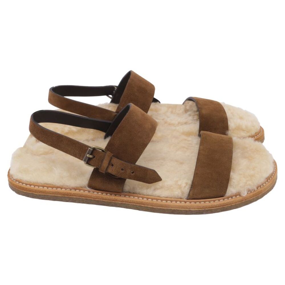 Saint Laurent Shearling-Lined Slingback Strap Sandals in Brown Suede